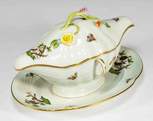 HUNGARIAN HEREND "ROTHSCHILD BIRD" PORCELAIN SAUCE BOAT WITH ATTACHED UNDERTRAY