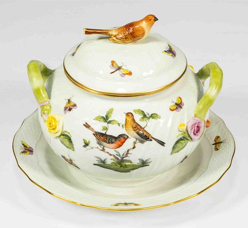 HUNGARIAN HEREND "ROTHSCHILD BIRD" PORCELAIN COVERED SAUCE TUREEN WITH ATTACHED UNDERTRAY