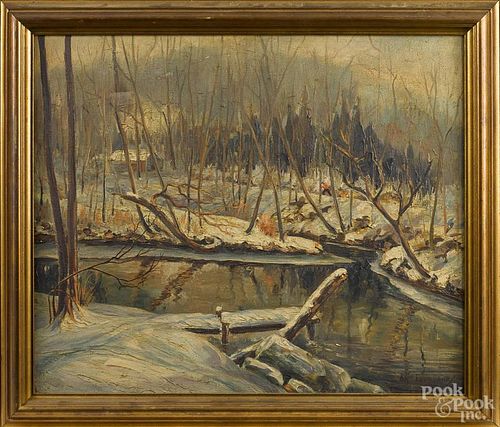 Arnold William Egerland (American, early/mid 20th c.), impressionist winter landscape with a cabin