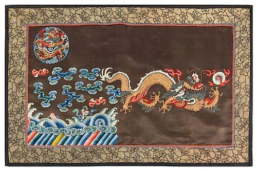 Eleven Chinese Embroidered Silk Panels Length of longest 31 inches.