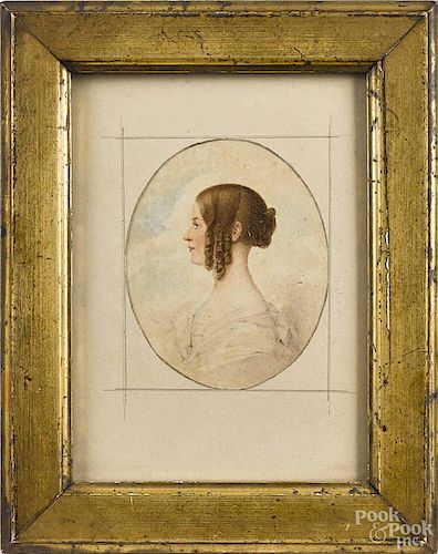 Four English miniature portraits on paper, one signed illegibly and dated 1845, 3 1/2'' x 2 3/4''.
