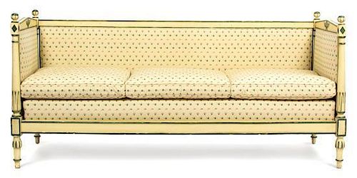 A Gustavian Style Painted Day Bed Height 38 1/2 x width 82 1/4 x depth 30 1/2 inches.