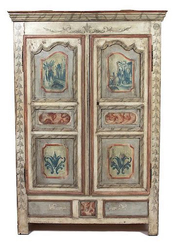 A Continental Painted Wood Armoire Height 75 x width 50 x depth 20 inches.
