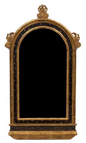 A Neoclassical Style Lacquered and Parcel Gilt Domed Frame Mirror Height 36 x width 19 3/4 inches.