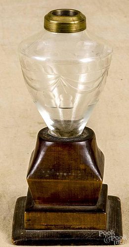 Etched glass and cherry make-do fluid lamp, 19th c., 7 3/4'' h.