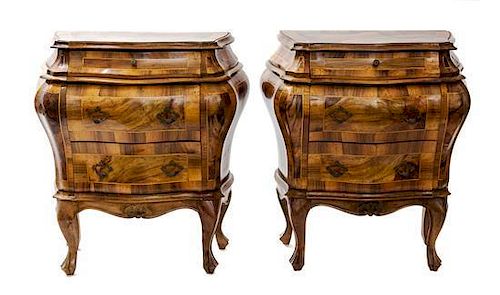 A Pair of Italian Walnut Bombe Cabinets Height 28 x width 22 x depth 13 inches.