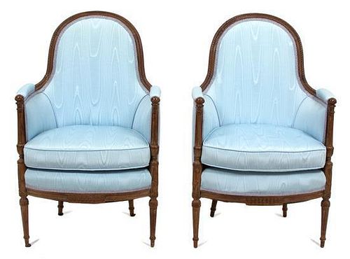 A Pair of Italian Louis XVI Style Carved Bergeres Height 37 3/4 inches.