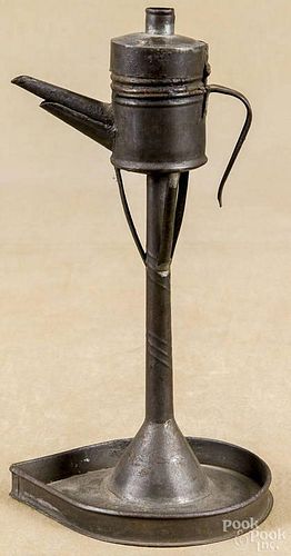 Tin fat lamp, 19th c., with a teardrop base, 12'' h.