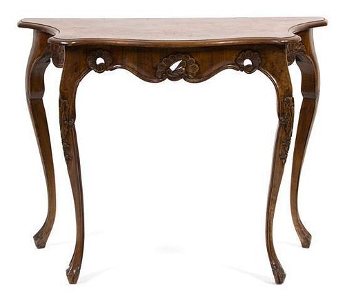 An Italian Louis XV Style Walnut Console Table Height 29 1/2 x width 37 3/4 x depth 16 inches.