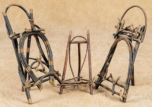 Three Adirondack twig table top easels, ca. 1900, tallest - 13 3/4''.
