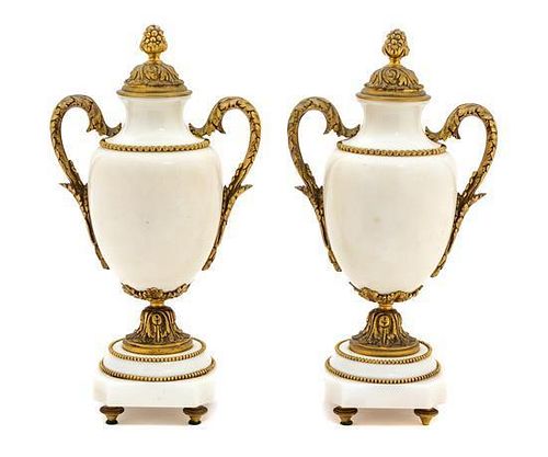 A Pair of Gilt Bronze and White Marble Cassolettes Height 13 x width 7 x depth 4 1/2 inches.