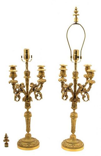 A Pair of Louis XV Style Gilt Bronze Four-Light Candelabra Height 18 1/4 inches.