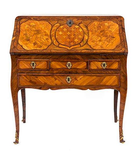A Louis XV/XVI Transitional Marquetry Slant Front Desk Height 35 x width 32 x depth 17 1/2 inches.