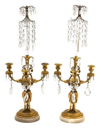 A Pair of Louis XVI Style Gilt Bronze and Cut Crystal Three-Light Candelabra Height 23 inches.