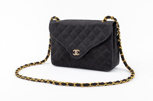 Chanel Black Satin Flap Shoulder Bag for sale at auction on 22nd