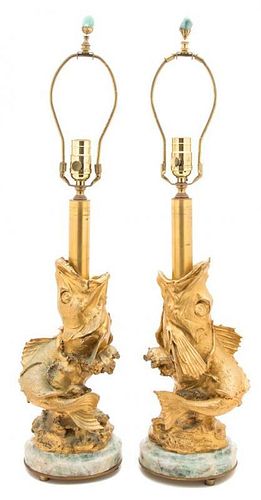 A Pair of Gilt Bronze Fish-Form Table Lamps by Thiebaut Freres, Paris Height 28 1/2 x diameter 6 1/4 inches.