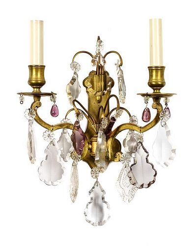 Four French Gilt Bronze and Crystal Wall Sconces Height 9 inches x width 10 1/2 inches.