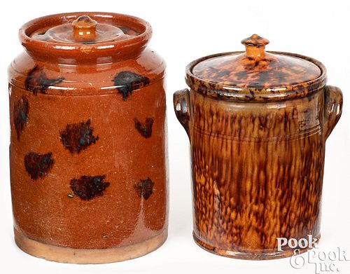 Two Pennsylvania redware lidded crocks, 19th c.