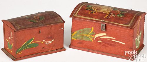 Two painted pine dome lid dresser boxes, 19th c.