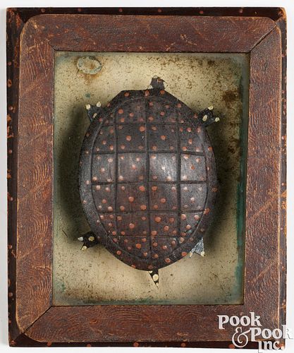 Folk art carved and painted turtle and case