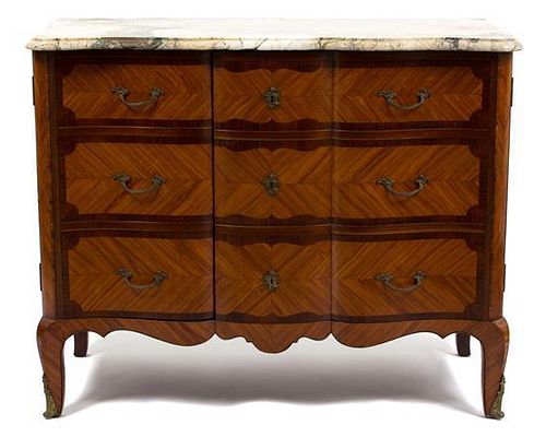 A Louis XVI Style Marble Top Inlaid Mahogany Serpentine Cabinet Height 34 1/4 x width 42 x depth 20 inches.