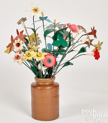 Stoneware crock, painted metal flowers