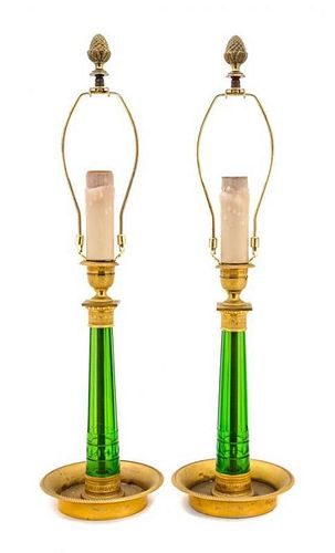 A Pair of French Empire Style Gilt Bronze Mounted Green Glass Candlesticks Height overall 22 1/2 inches.