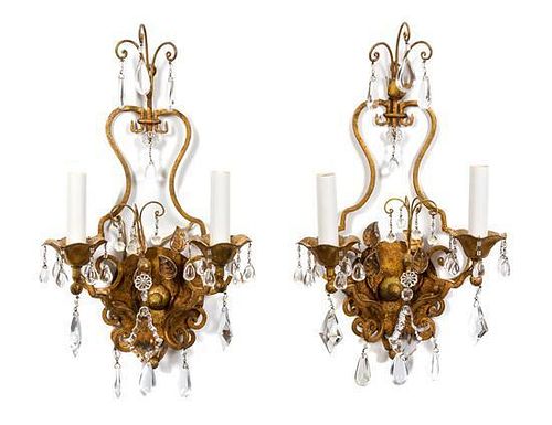 A Pair of Gilt Metal Two-Light Wall Sconces Height 15 3/4 inches.