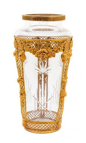 A French Empire Gilt Metal Mounted Cut Glass Vase Height 13 inches.