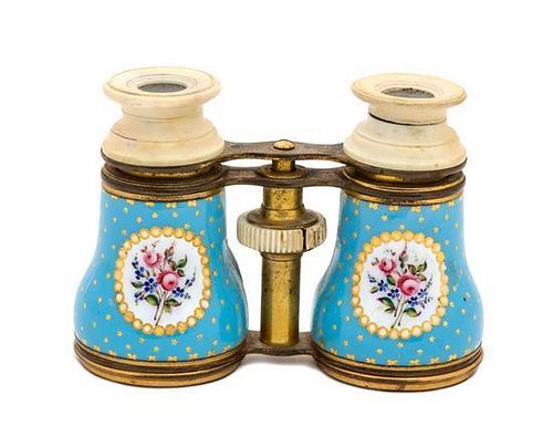 A Pair of French Porcelain Opera Glasses Height 3 1/8 inches.