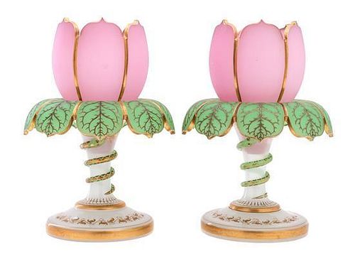 A Pair of French Opaline Glass Floral-Form Urns Height 9 inches.