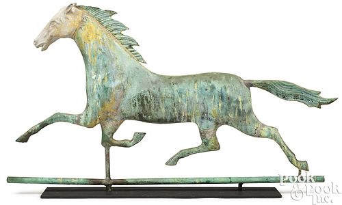 Swell-bodied copper running horse weathervane