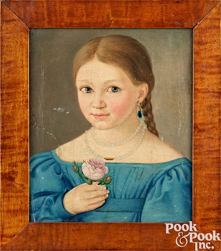 Oil on canvas portrait of a girl with flower