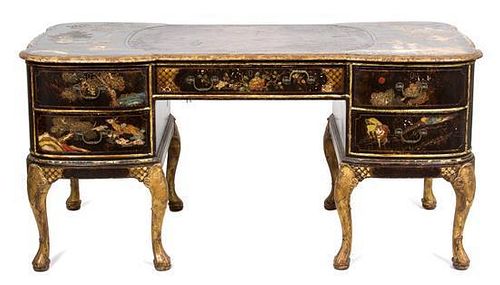 A George II Style Polychromed Lacquer and Gilt Decorated Desk Height 30 1/2 x width 63 x depth 31 1/2 inches.