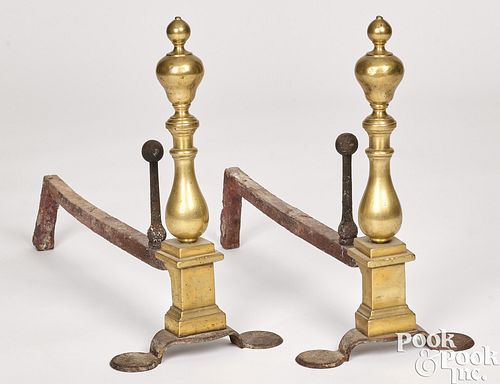 Pair of Queen Anne brass and iron andirons
