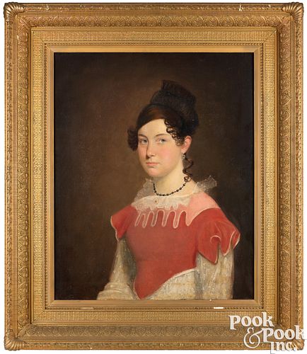 American oil on canvas portrait of a young woman