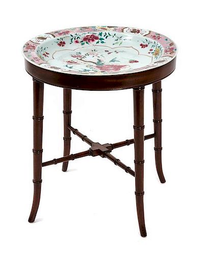 A Regency Style Mahogany Side Table with Chinese Export Famille Rose Charger Inset Top Height of table 18 inches, diameter of