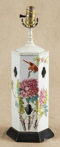 Chinese porcelain table lamp, 20th c., with bird and floral decoration, 12 1/4'' h.