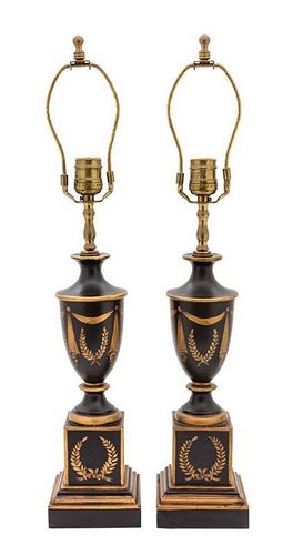 A Pair of Regency Style Black and Gilt Decorated Tole Lamps Height 22 inches.