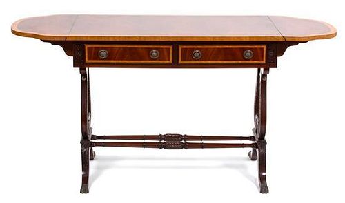 A Regency Inlaid Mahogany Lyre Base Sofa Table Height 29 x width 60 (leaves up) x depth 21 inches.