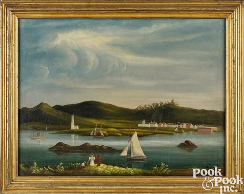 American oil on canvas bay scene, 19th c.