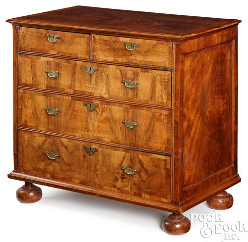 English burled walnut veneer chest of drawers