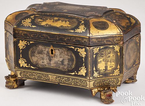Chinese export lacquer tea caddy, 19th c.