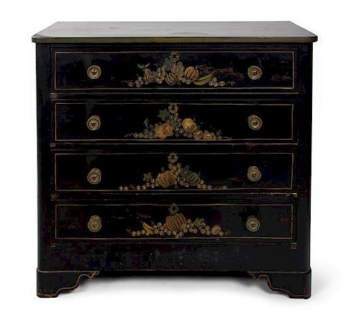 An American Black and Gilt Decorated Chest of Four Drawers Height 37 1/2 x width 39 x depth 18 1/2 inches.