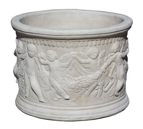 A Pair of Neoclassical Style Cast Stone Planters Height 12 x diameter 16 inches.