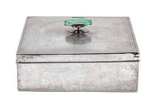 A Sterling Silver Square Form Box with Cover, The Sweetser Co., New York, Early 20th century, having a jade finial.