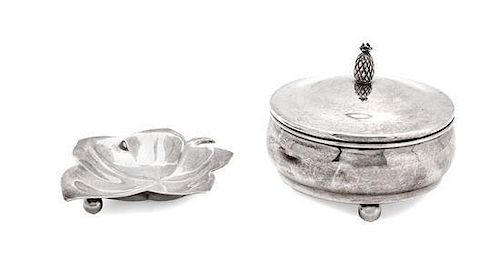 Two Silver Articles, Various Makers, comprising a Tiffany leaf-form footed dish and a Cartier covered circular box on ball fe