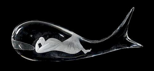 A Kosta Glass Jonah and the Whale Sculpture Length 15 3/4 inches.