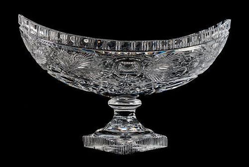 A Cut Crystal Boat Form Footed Bowl Height 9 1/2 x width 15 3/4 inches.
