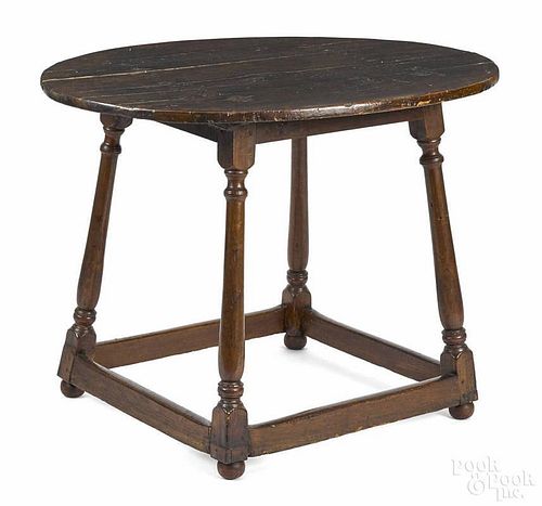 Pennsylvania Queen Anne walnut tavern table, ca. 1760, with an oval top and a stretcher base, 27'' h.